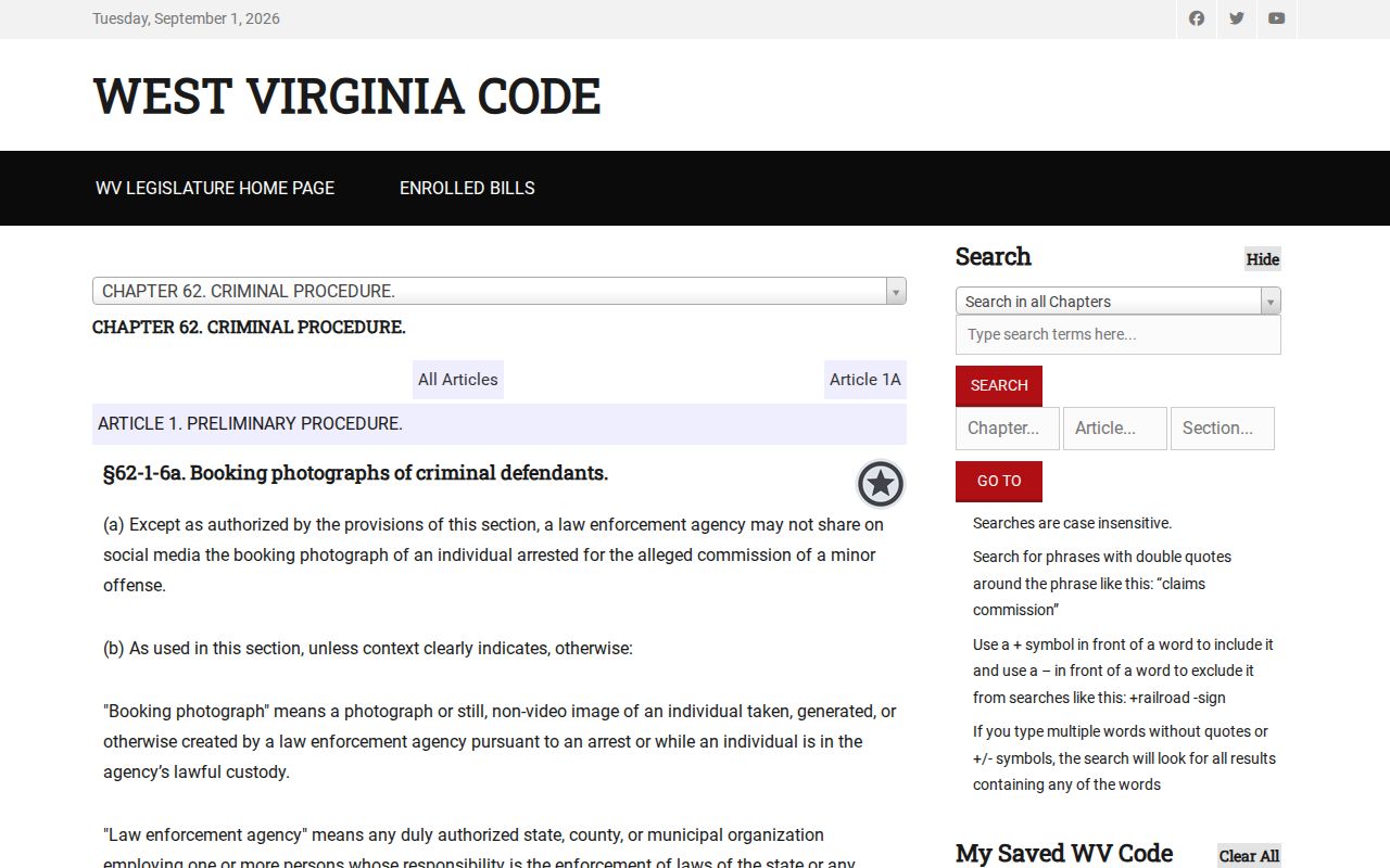 West Virginia law affecting Hancock County booking photographs